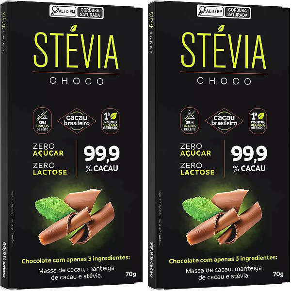 Kit 2 Chocolate Stévia Choco 99,9% Cacau Adoçado com Stévia Tudo Zero Leite 70g