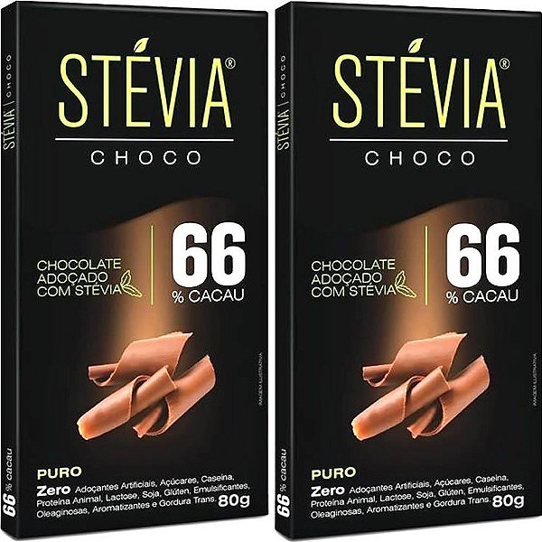 Kit 2 Chocolate Stévia Choco 66% Cacau Tudo Zero Leite 80g