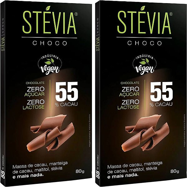 Kit 2 Chocolate Stévia Choco 55% Cacau Tudo Zero Leite 80g