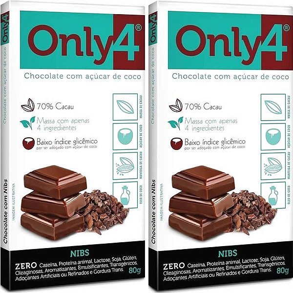 Kit 2 Chocolate Only4 com Nibs Tudo Zero Leite 80g - Vegano