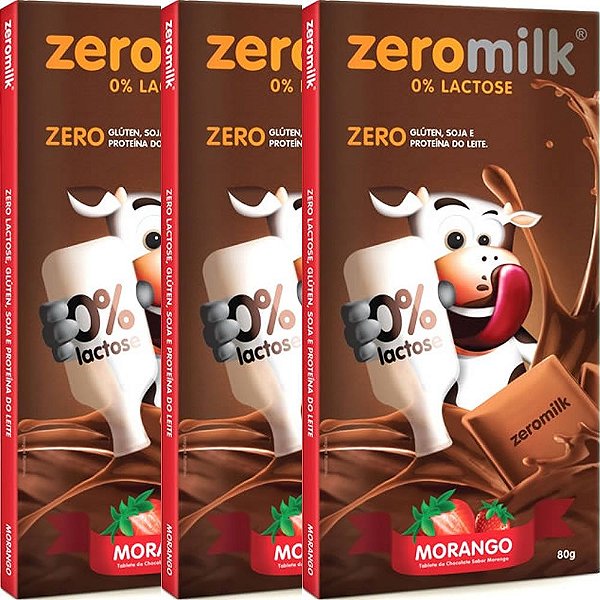 Kit 3 Chocolate ZeroMilk Morango Tudo Zero Leite 80g Vegano