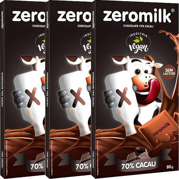 Kit 3 Chocolate ZeroMilk 70% Cacau Tudo Zero Leite 80g