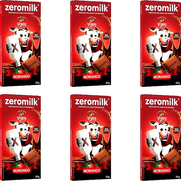 Kit 6 Chocolate ZeroMilk Morango 40% Tudo Zero Leite 20g