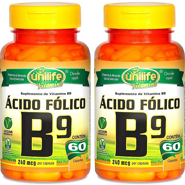 Kit 2 Vitamina B9 Ácido Fólico Unilife 60 cápsulas - Vegano