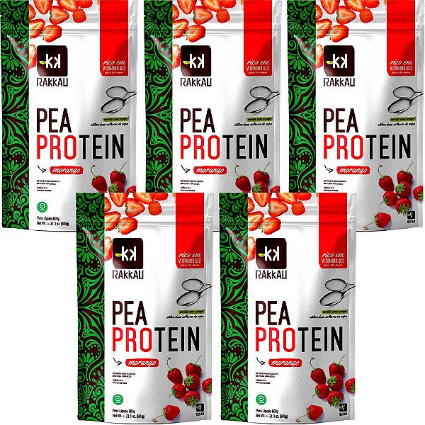 Kit 5 Pea Protein Morango Rakkau 600g Vegano Proteína