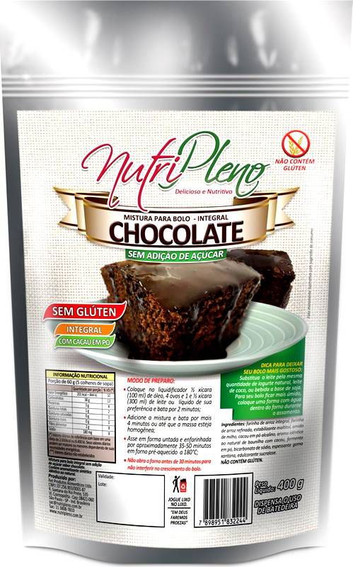 VAL: 27/05/2024 Mistura P/ Bolo Chocolate Integral S/ Açúcar Sem Glúten Nutripleno 400g
