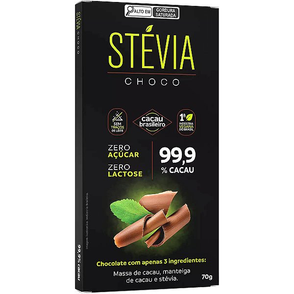 Chocolate Stévia Choco 99,9% Cacau Adoçado com Stévia Tudo Zero Leite 70g