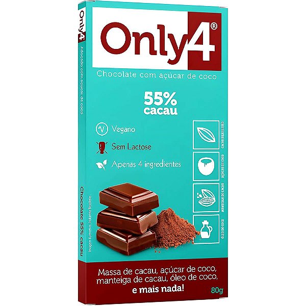 Chocolate Only4 Puro 55% Cacau Tudo Zero Leite 80g - Vegano