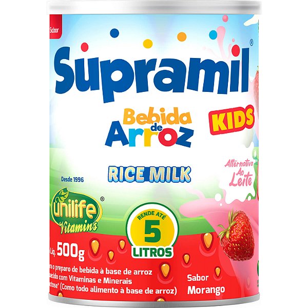 Supramil Kids Sabor Morango Bebida Arroz em Pó Rende 5 Litros Unilife 500g - Vegano