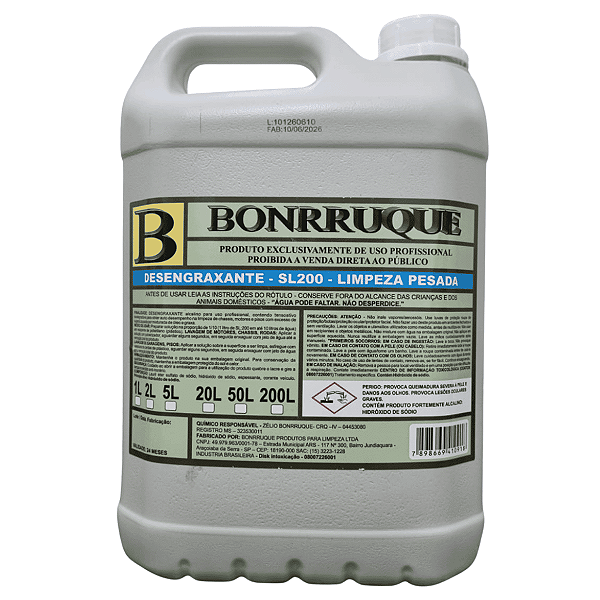 Desengraxante Alcalino SL200 5L Bonrruque – Diluição 1:10