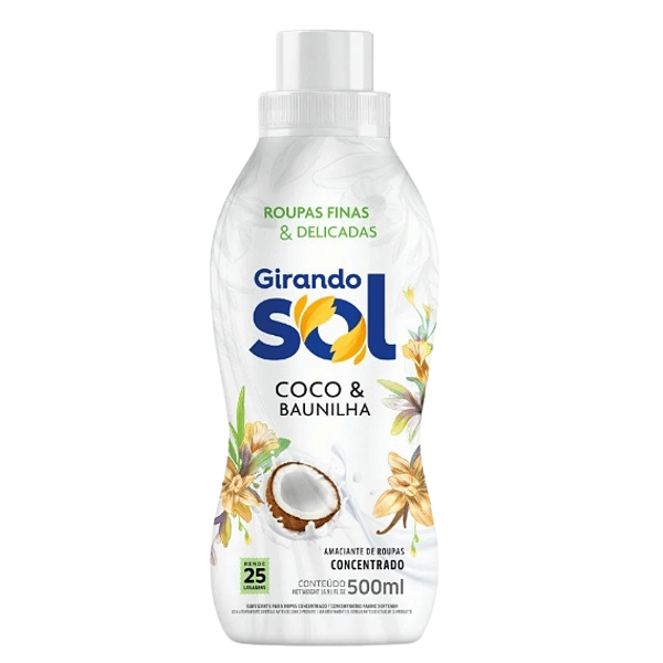 Amaciante Concentrado Coco e Baunilha 500ml Girando Sol – Rende Até 25 Lavagens