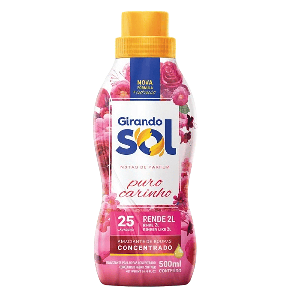 Amaciante Concentrado Puro Carinho 500ml Girando Sol | Maciez e Perfume Duradouro
