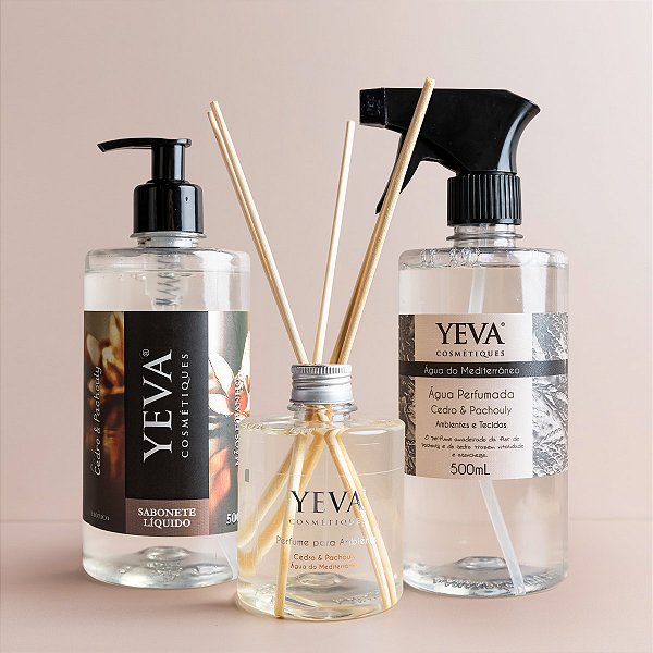 Kit YEVA Aconchego | Cedro & Pachouly - Sabonete + Água Perfumada + Perfume para Ambiente
