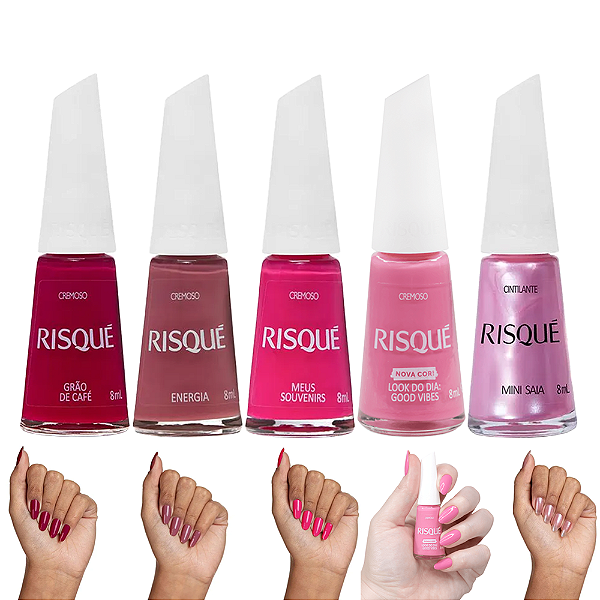 Kit 5 Esmaltes Nude Cremosos e Cintilantes Risque