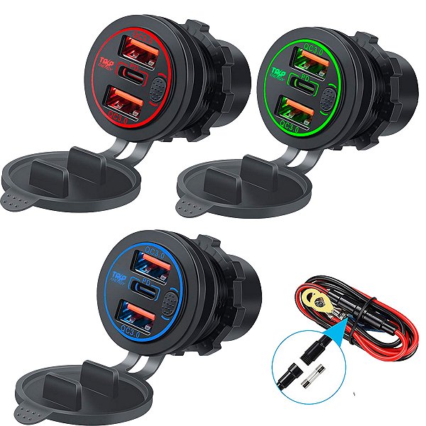 Tomada USB Tripla Veicular QC 3.0 e PD 20W 3 Saídas Base 12V e 24V Para Caminhão, Carro, Moto, Ônibus