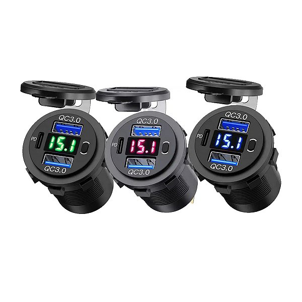 Tomada USB Veicular Voltímetro Tripla Com Duas Saídas QC 3.0 e Uma PD 18W 12V 24V Para Caminhão, Carro, Ônibus, Moto