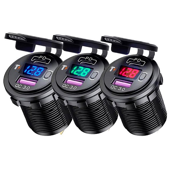 Tomada USB Veicular Dupla PD QC 3.0 Com Voltímetro Turbo Veicular Caminhão, Ônibus, Carro E Moto 12v 24V