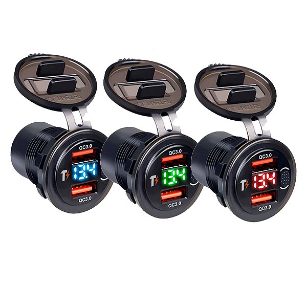 Tomada Veicular USB Turbo Com Voltímetro QC 3.0 Dupla Carregador Substitui Acendedor Cigarro Carro, Caminhão, Ônibus 12v 24v Com Botão Liga/Desliga