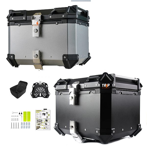 Bauleto Alumínio Moto 45L Traseiro com Suporte Universal Top Case Prata ou Preto Alta Resistência Baú Motociclista Viagem Impermeável