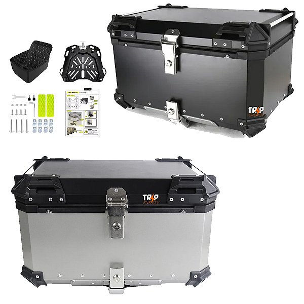 Baú Traseiro Moto Alumínio 55L com Suporte Universal Impermeável Reforçado Top Case Touring Grande Capacidade com Trava de Segurança e Chave Dupla Preto ou Prata