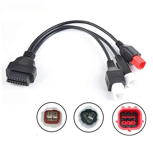 Cabo OBD2 Triplo para Motos Honda e Yamaha Adaptador Diagnóstico Eletrônico 3, 4 e 6 Pinos com Saída OBD2 16 Pinos Compatível com Scanners Automotivos