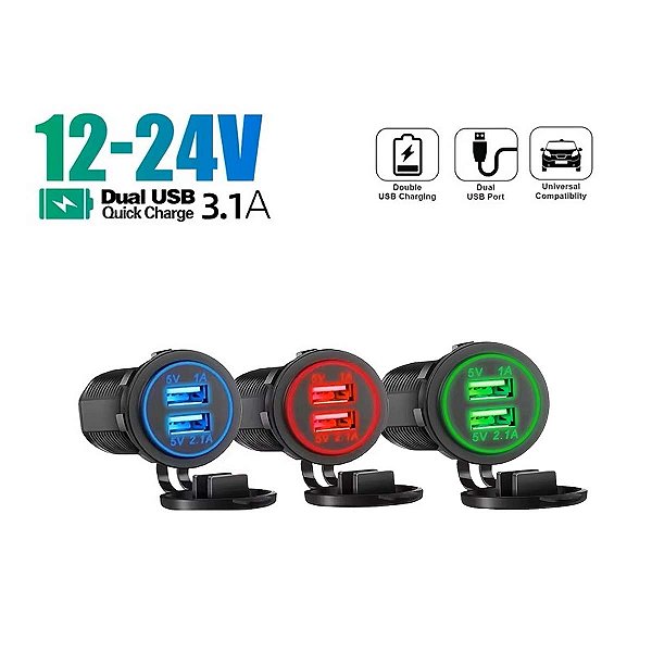 Tomada USB Veicular Dupla Carregador Rápido 12V 24V