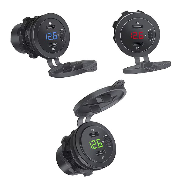 Carregador USB C Duplo para Moto com Voltímetro Digital 12V 24V