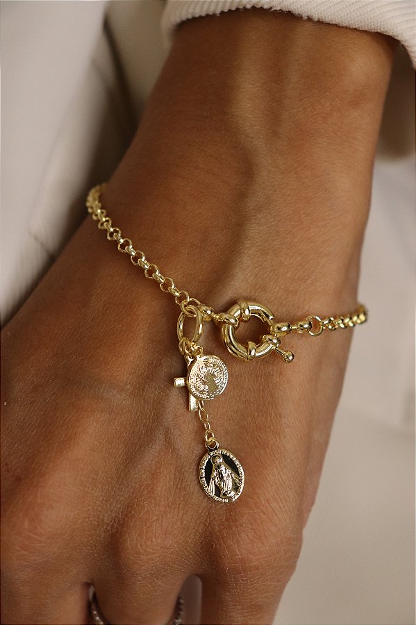 Pulseira com Pingentes Religiosos – Banho Ouro 18k e Fecho Boia