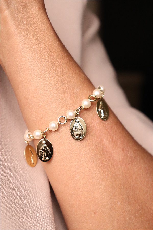 Pulseira Medalha Milagrosa Pérolas Feminina