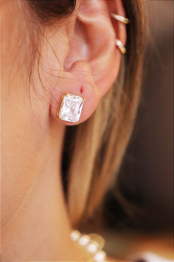 Brinco Banhado a Ouro 18K Pedra Retangular