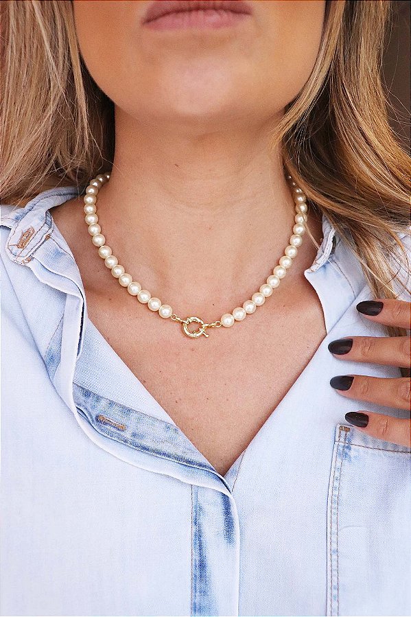 Colar Pérolas com Fecho Boia Ouro 18K