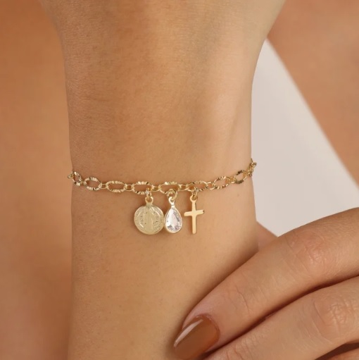 Pulseira Pingentes Religiosos Banhada Ouro 18k