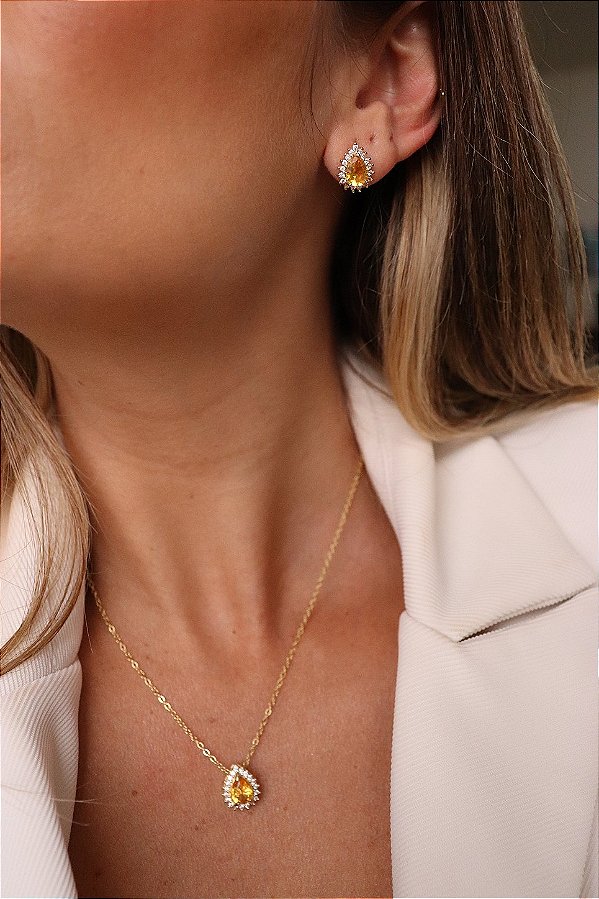 Conjunto Gota Cravejado Banhado a Ouro 18k