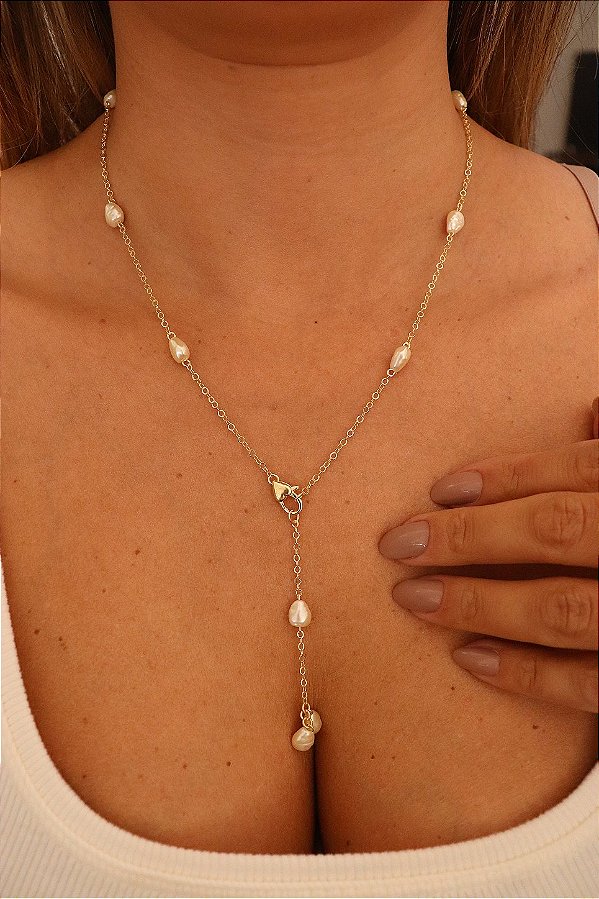 Colar Gravata de Pérolas Banhado a Ouro 18k