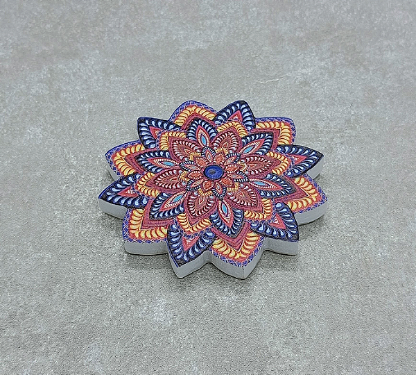 Incensário Mandala Flor de Lótus com ímã - Amarelo/Azul/Branco