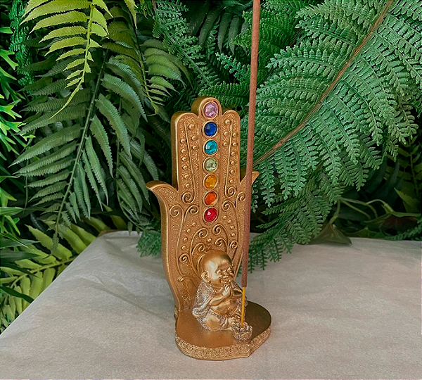 Incensário Mão Hamsá Sete Chakras - Budinha Dourado com brilho