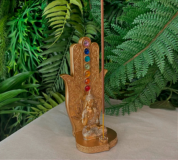 Incensário Mão Hamsá Sete Chakras - Buda acenando - Dourado com brilho