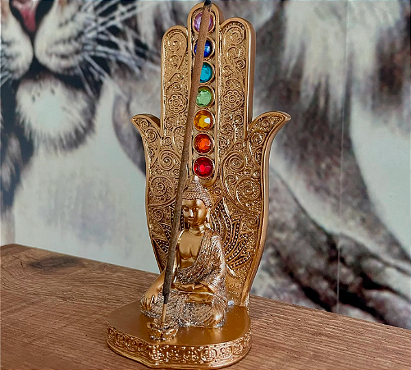 Incensário Mão Hamsá Sete Chakras - Buda mão em repouso - Dourado com brilho