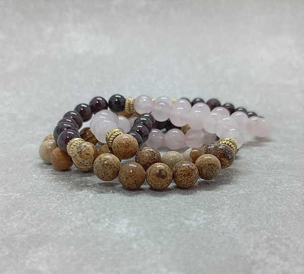 Pulseira do Amor - Granada, Quartzo Rosa e Jaspe Madeira - em esfera 8mm