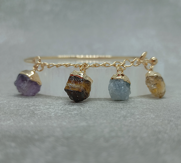 Bracelete 4 Elementos - Ametista, Água Marinha, Citrino e Olho de Tigre - Dourado