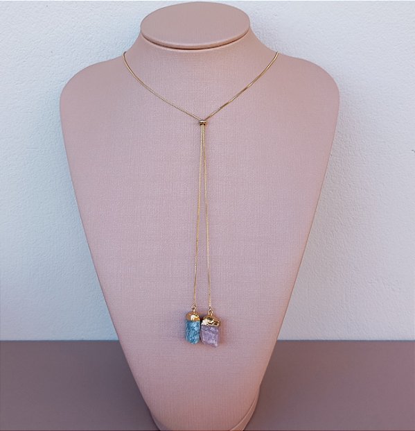 Colar Gravatinha Água Marinha e Quartzo Rosa - "Calma e Amor" - Dourado