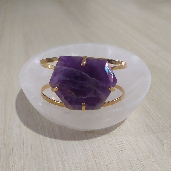Bracelete Ametista Lapidado Regulável - Dourado
