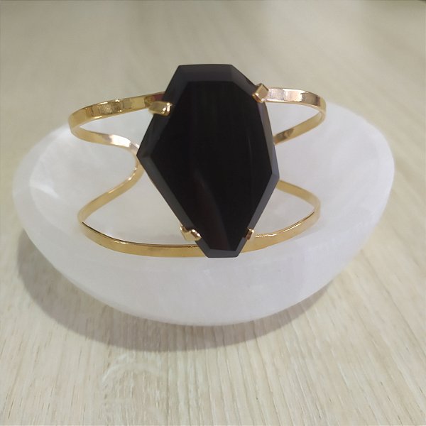 Bracelete Obsidiana Negra Lapidado Regulável - Dourado