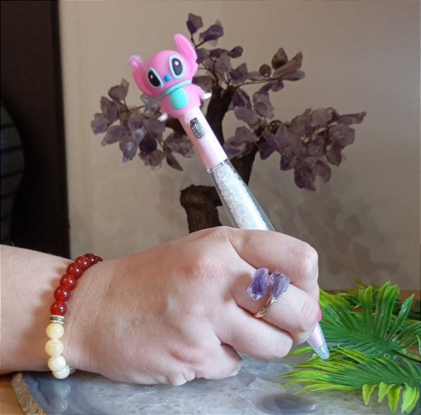 Caneta Infantil Angel com Quartzo Rosa e Led.