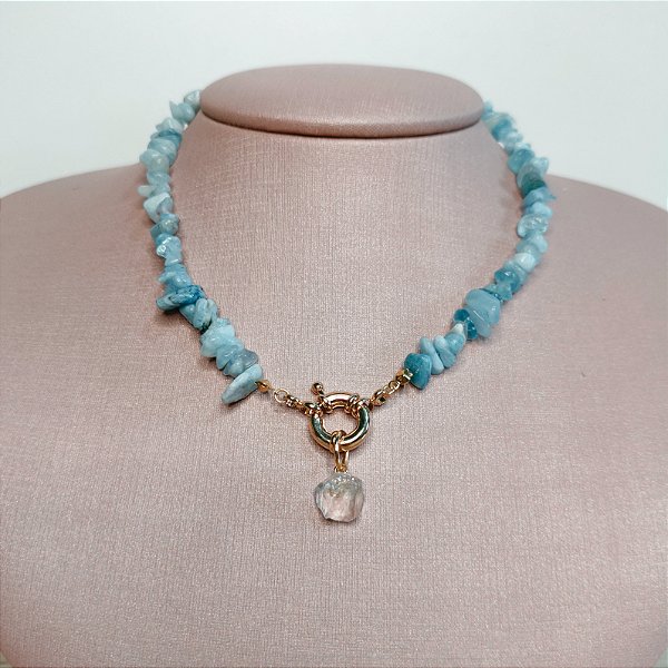 Choker Água Marinha com Fecho Bóia e Pingente de Cristal