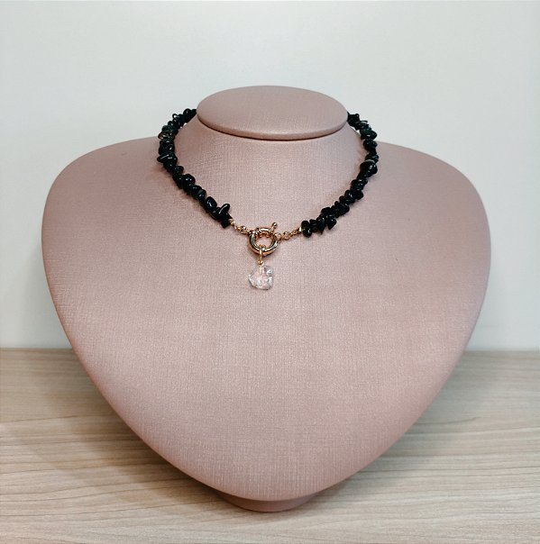Choker Obsidiana Negra com Fecho Bóia e Pingente de Cristal