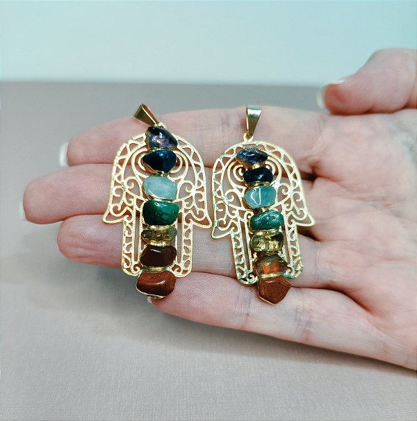 Pingente Mão de Fátima com 7 Chakras