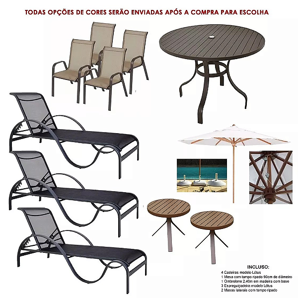 Kit Jogo de Mesa 4 Cadeiras com 3 Espreguiçadeiras Lótus Ondulada