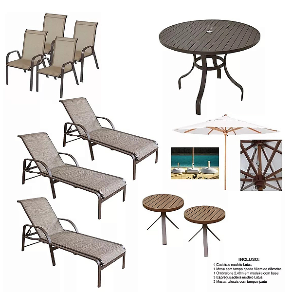 Kit Jogo de Mesa 4 Cadeiras com 3 Espreguiçadeiras e Ombrelone