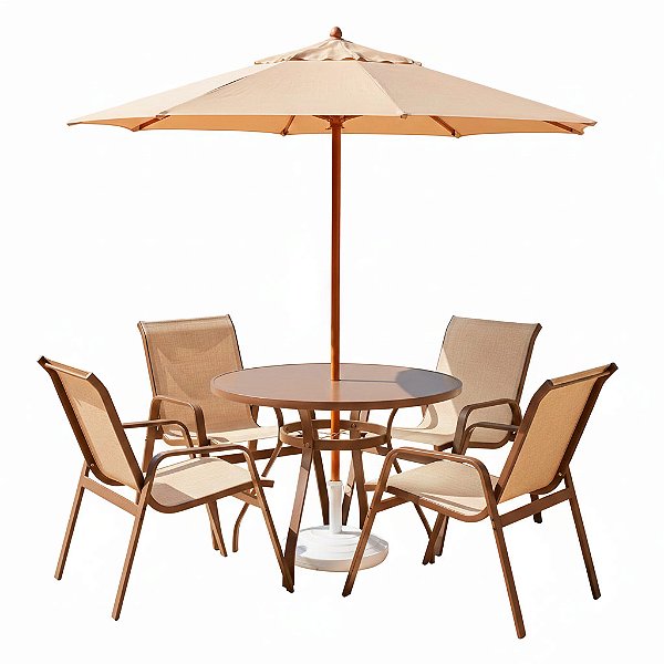 Conjunto de mesa Lótus Tampo Liso com 4 Cadeiras e Ombrelone